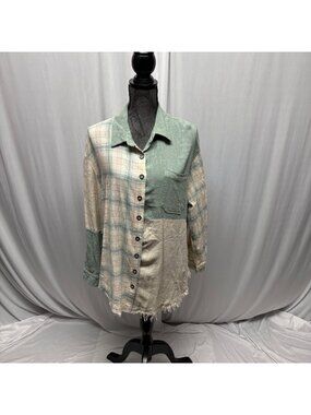 143 Story by Line Up Plaid Solid Colorblock Button-Up Shirt Womens Size Large